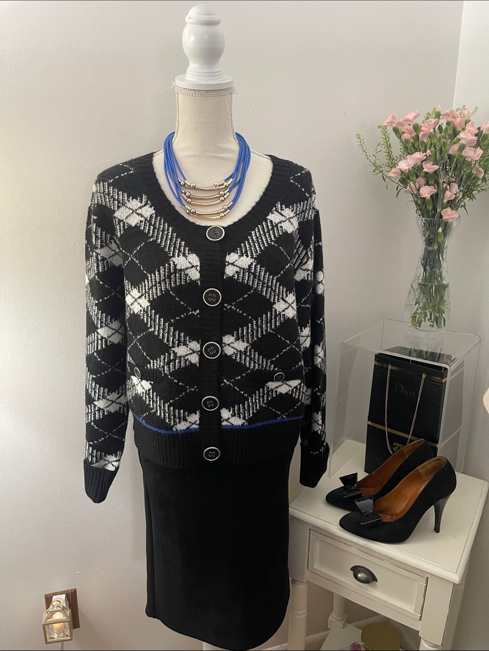 Black & White Argyle Button Front Cardigan Sweater